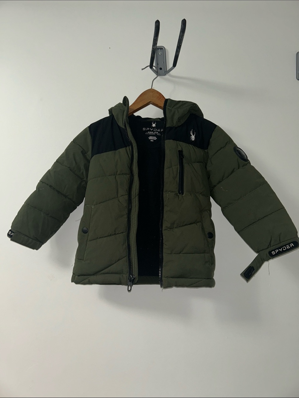 Spyder Olive and Black Kids Hooded Puffer Jacket